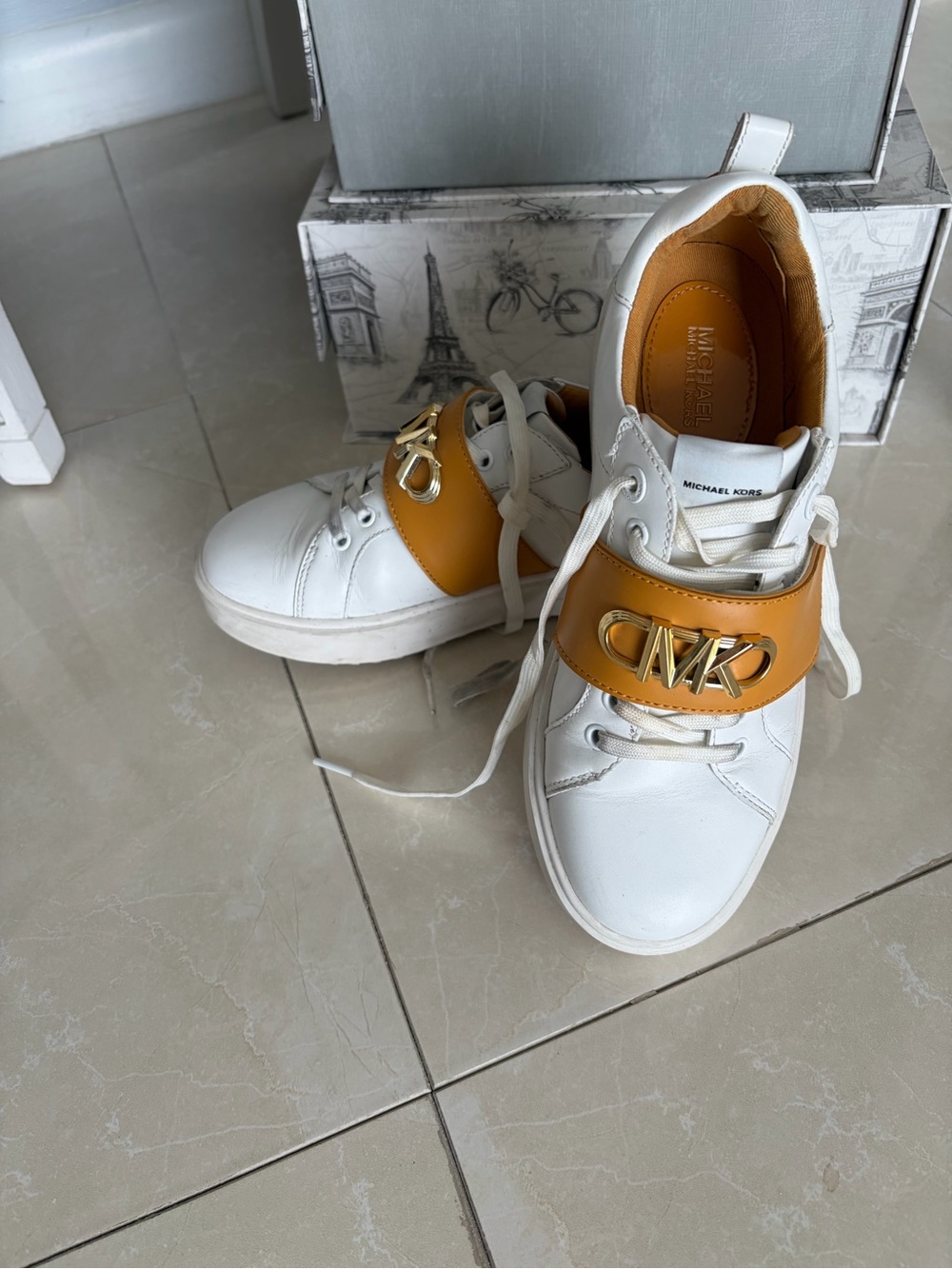 Michael Kors White Sneakers with Mustard Gold MK Strap